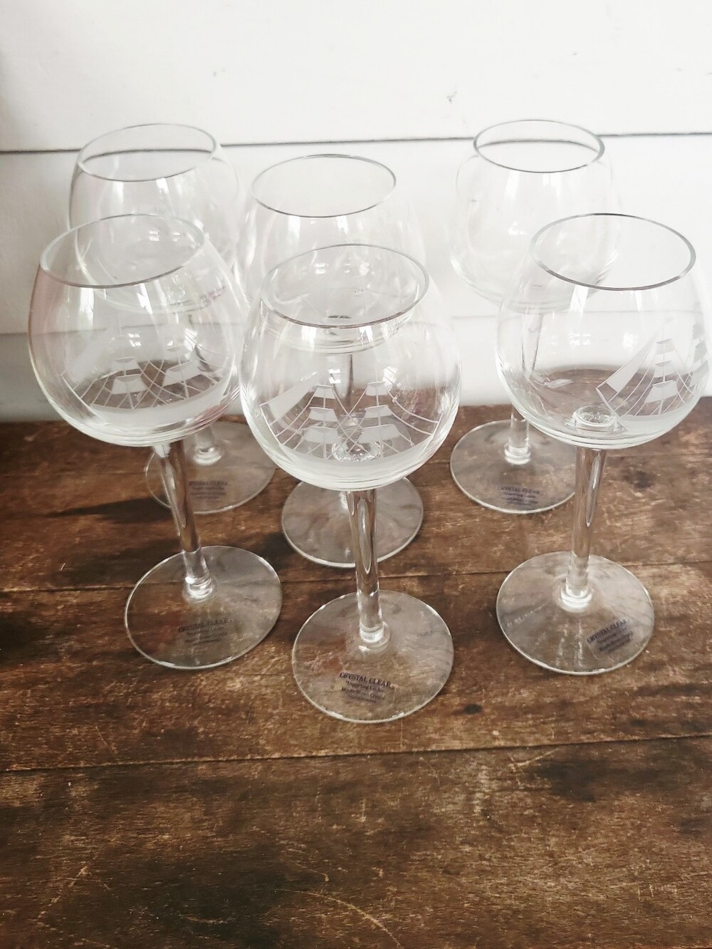 Vintage Crystal Clear Mouth Blown Etched Clipper Ship Cordial Stemware Romania 6